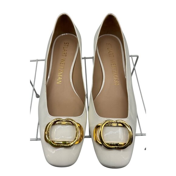 Stuart Weitzman Anicia White patent leather Gold hardware low heel shoe Women7.5 - Picture 1 of 13